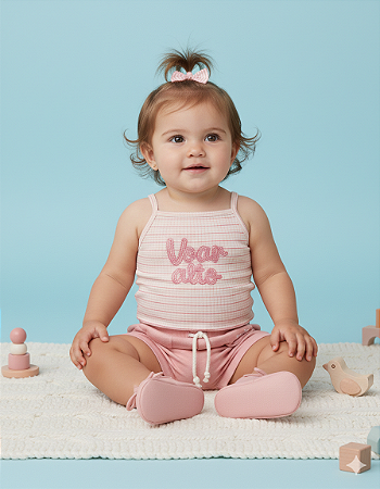 Conjunto Fem Body  Listrado e Short Rosa M - Nini e Bambini