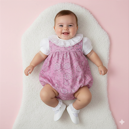 Jardineira Rosa Bubble e Body Off White C/ Gola  - Bibe