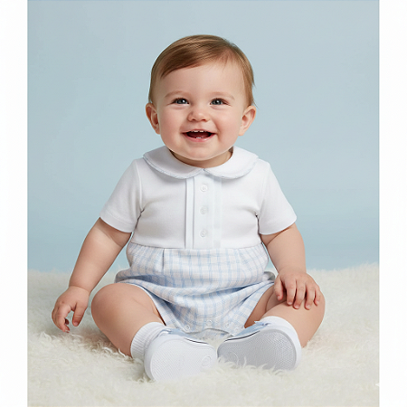 Banho de Sol Masc Retro Branco c/ Xadrez Azul - Bibe