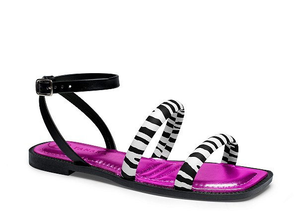 Sandália Rasteira Tanara T6785 Moda Fashion Pink Zebra Preta