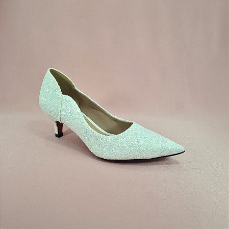 Sapato Scarpin Dom Amazona Noiva Branco Glitter Salto Baixo Cód 219