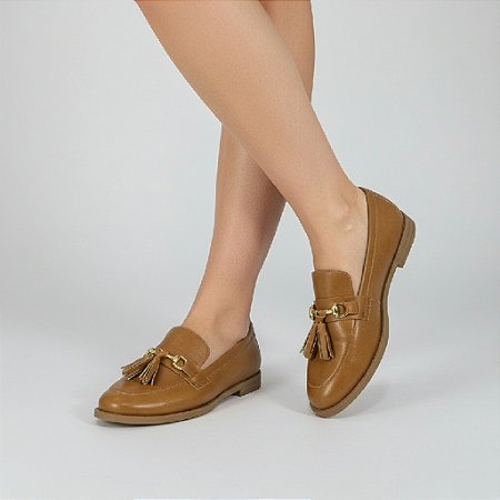 Mocassim Feminino Salto Baixo Numeração Especial Mey Caramelo