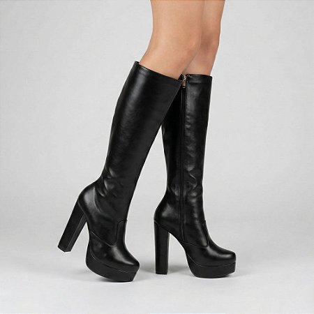 Bota Cano Longo Meia Pata Salto Bloco Preta Daniela