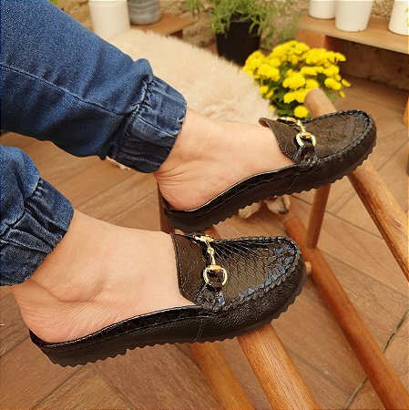 Mule Mocassim Feminino Couro Dom Amazona Preto Cód 979 - Kalceaki Calçados  | Calçados Numeração Grande do 33 ao 45