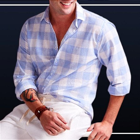 Camisa Casual - Xadrez Azul Claro e Branco - Carlos Brusman