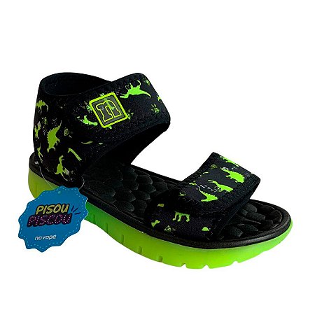 Sandália Infantil Masculina c/ Luzes de Led Dino Preto Limão