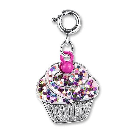Pingente Infantil Menina Charm Cupcake Prateado com Glitter Charm It