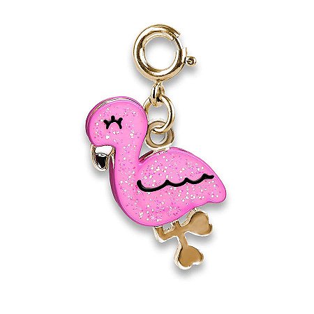 Pingente  Menina Charm Flamingo Dourado com Glitter Charm It