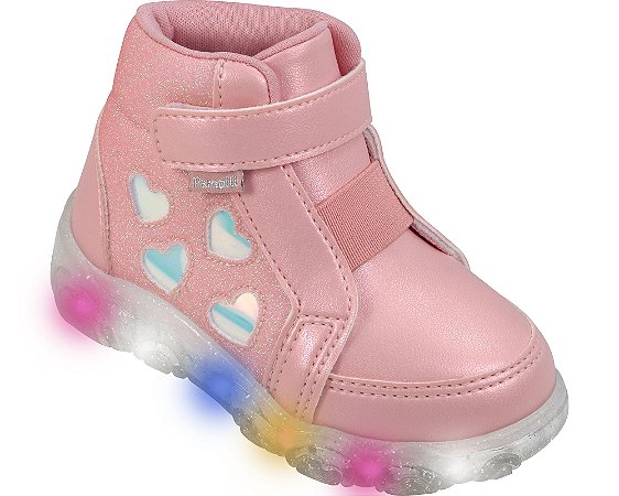 Tênis de Led Cano Médio Pampili Liz Luz Glitter e Corações Pêssego