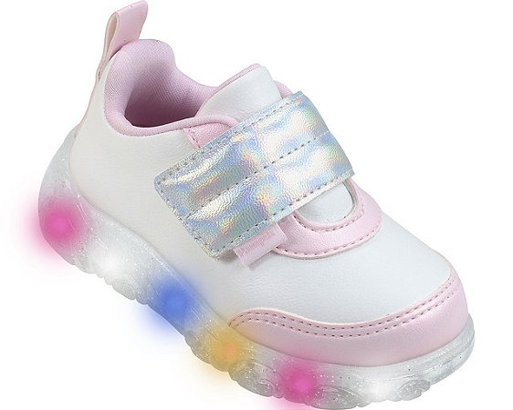 Tênis de Led Infantil Liz Luz Tira Comfy Branco e Rosa Pampili