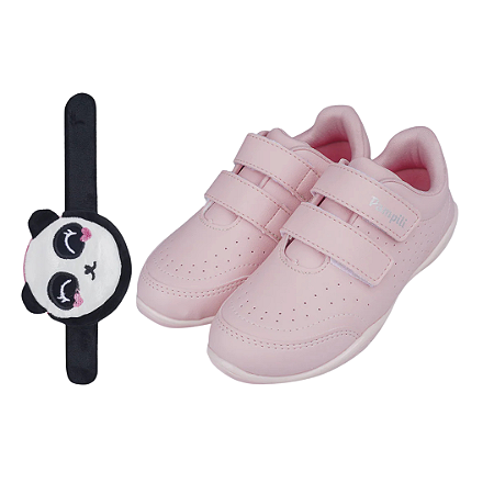 Tênis Escolar Menina Pampili Honey Calce Fácil Com Pulseira Porta Moedas Rosa Ou Branco
