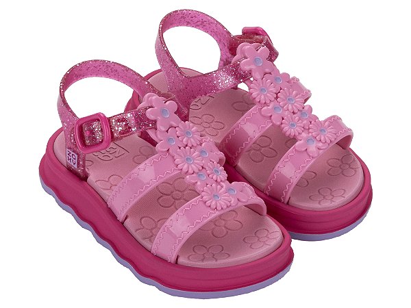 Sandália Baby Menina Zaxynina Garden Rosa Chiclete Leve e Confortável