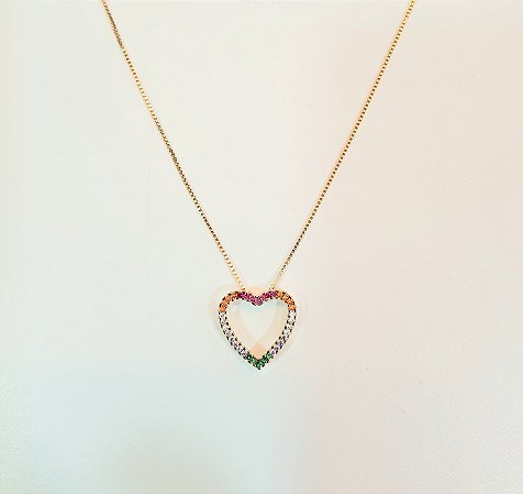 Colar coração com zircônias coloridas folheado a ouro 18k