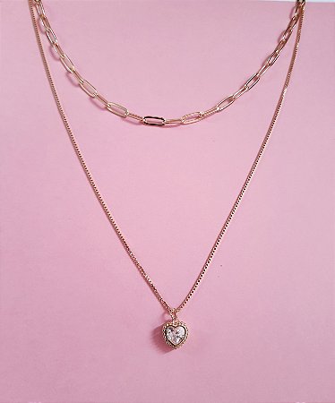 Colar duplo corrente cartier e corrente com coração folheado a ouro 18k