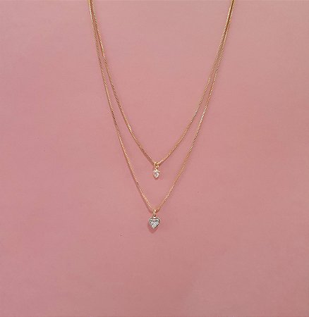 Colar duplo corações de zircônia folheado a ouro 18k