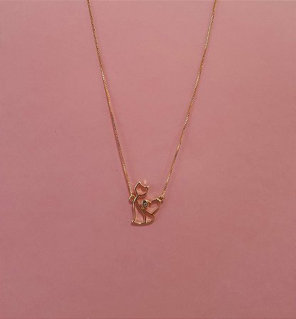 Colar gato com coração folheado a ouro 18k
