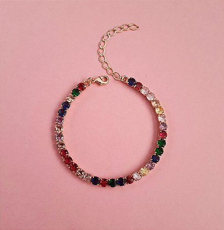 Pulseira zircônias coloridas folheada a ouro 18k