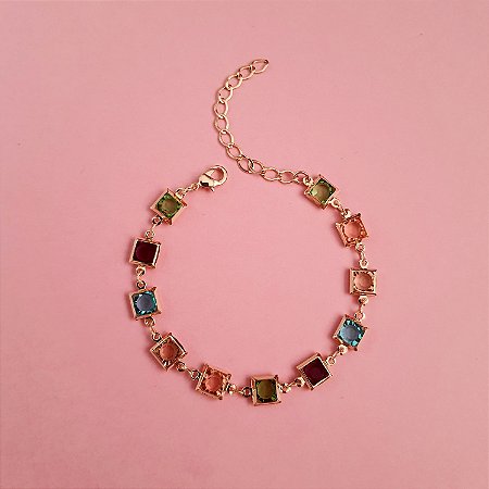 PULSEIRA COLORIDA QUADRADA FOLHEADA A OURO 18K
