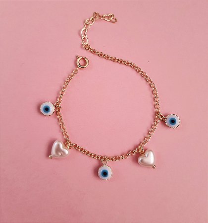 PULSEIRA OLHO GREGO COM CORAÇÃO DE PÉROLA FOLHEADA A OURO 18K