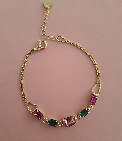 PULSEIRA COM CRISTAIS COLORIDOS FOLHEADA A OURO 18K