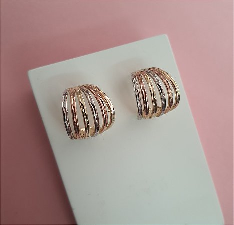 BRINCO ARGOLA 3 CORES COM 6 FIOS FOLHEADA A OURO 18K
