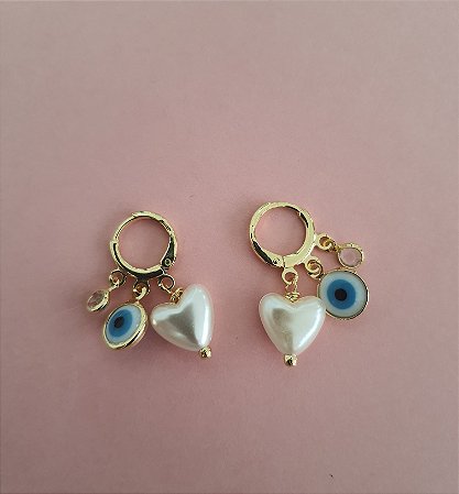 BRINCO ARGOLA COM CORAÇÃO/OLHO GREGO/PONTO DE LUZ FOLHEADO A OURO 18K