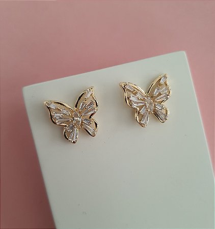 BRINCO BORBOLETA COM ZIRCÔNIAS FOLHEADO A OURO 18K