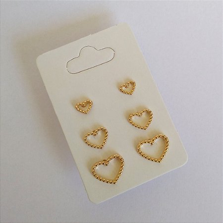 kit brincos coração folheado a ouro 18k