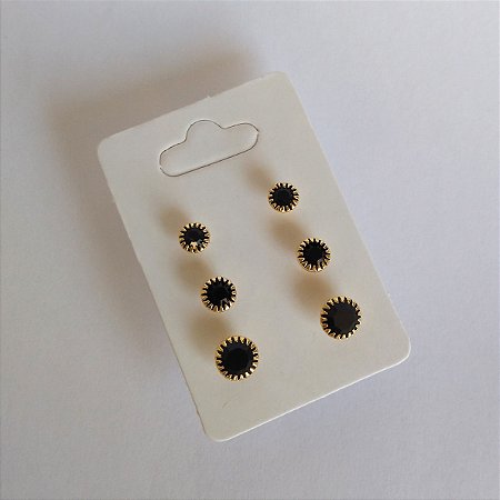Kit trio de  brincos com strass   preto  folheado a ouro 18k