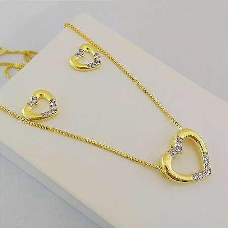 Conjunto coração com detalhes em zircônia ( conj00035)
