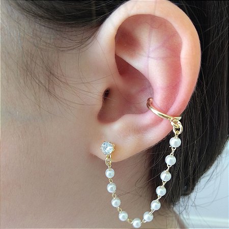 Brinco zircônia com pérolas  + piercing fake (Br000387)