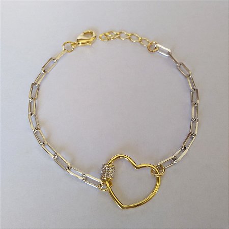 Pulseira com coração vazado folheada a ouro 18k e ródio branco