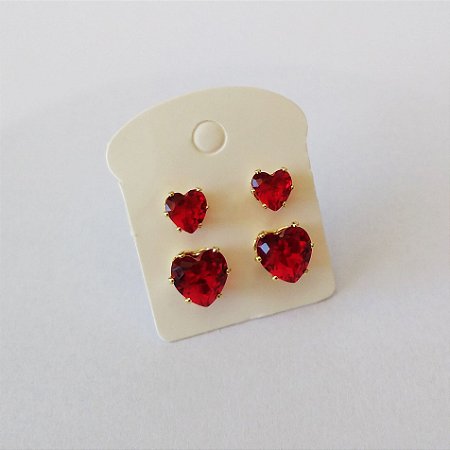 kit 2 brincos de coração vermelho folheado a ouro 18k