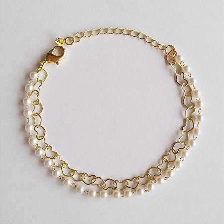 Pulseira dupla com elos de corações e pérolas folheada a ouro18k