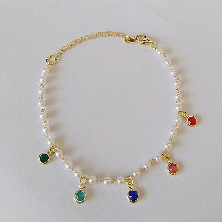 Pulseira de pérolas com zircônias coloridas folheada a ouro18k
