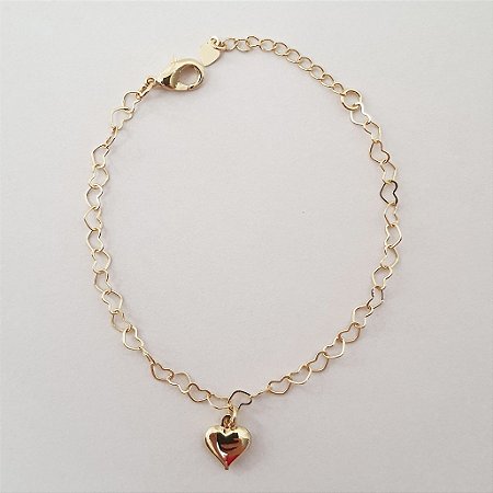 Pulseira elos de corações com pingente de coração folheado a ouro18k