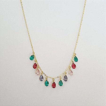 Colar com gotas de zircônia coloridas folheado a ouro 18k