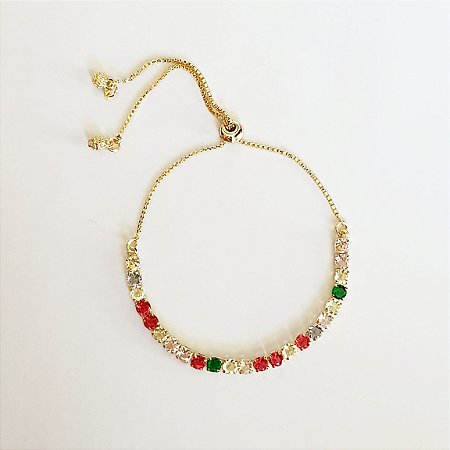 Pulseira regulável com zircônias coloridas folheada a ouro 18k