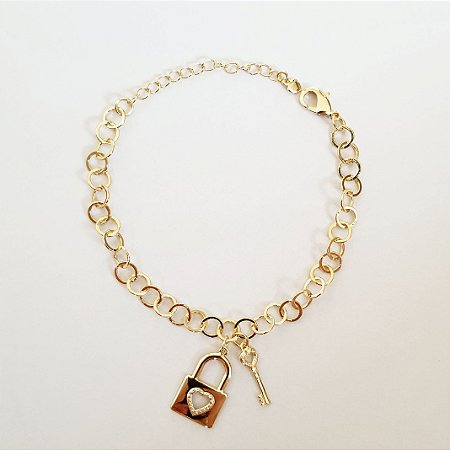 Pulseira chave com cadeado folheado a ouro 18k