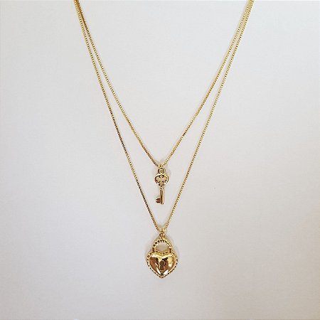 Colar duplo cadeado de coração com chave folheado a ouro 18k