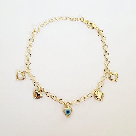 Pulseira olho grego com corações folheado a ouro 18k