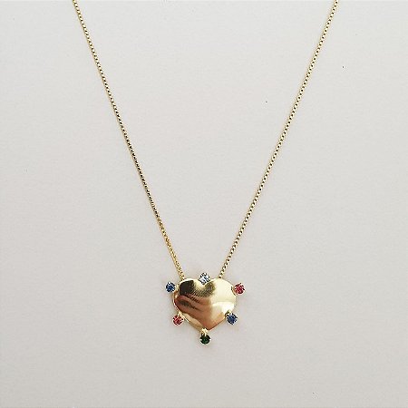 Colar coração com zircônias coloridas folheado a ouro 18k