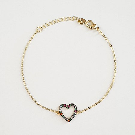 Pulseira coração vazado com zircônias coloridas folheada a ouro 18k
