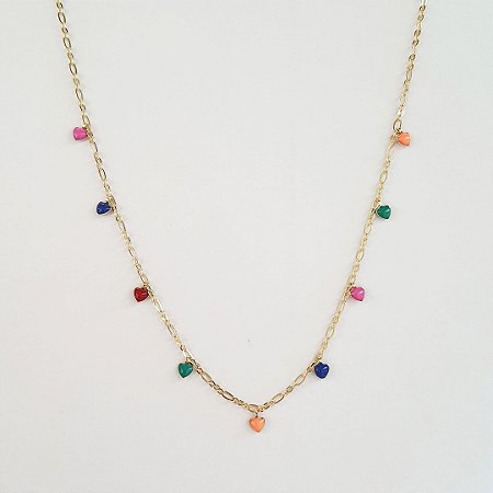 Colar com corações coloridos folheado a ouro18k