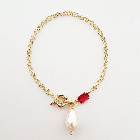 Pulseira com pérola barroca e zircônia cor fúcsia  folheada a ouro 18k