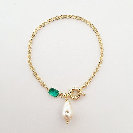 Pulseira com pérola barroca e zircônia turmalina folheada a ouro 18k