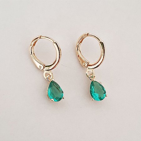 Brinco gota cor turmalina folheado a ouro 18k