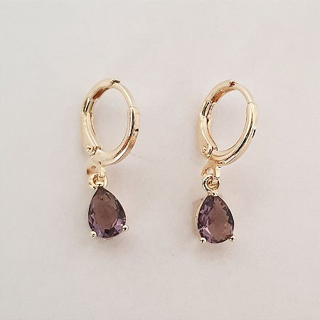 Brinco gota cor ametista folheado a ouro 18k
