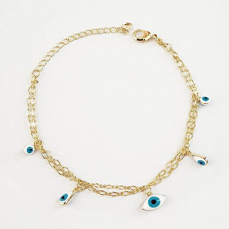 Pulseira dupla com pingentes de olho grego folheada a ouro18k
