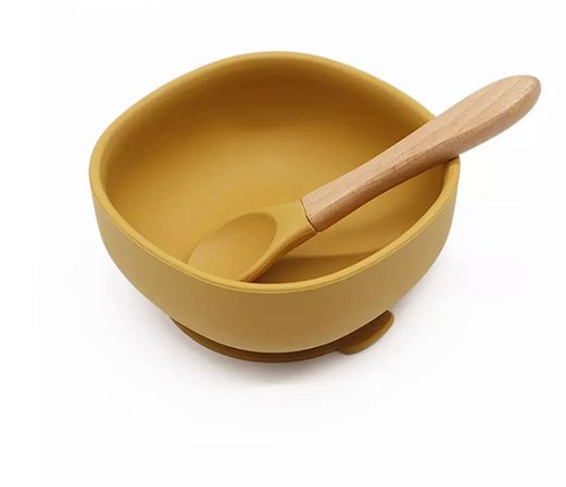 Conjunto Bowl de Silicone com Colher de Bambu Amarelo